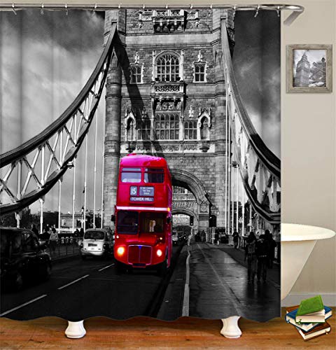 Fansu Rideau de Douche Lavable Résistant à l'eau Anti-moisissure, 3D Imprimé Polyester Rideaux de Salle de Bain Facile à Nettoyer avec 12 Crochets Décor À Maison (Londres,150x180cm)