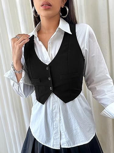 SweatyRocks Women's Solid Button Front Crop Waistcoat V Neck Sleeveless Blazers4