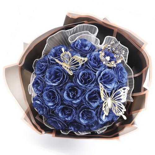 DRAKEWOOD Ramo de Rosas Azules con Purpurina con 24 Piezas Rosas Artificiales azules Mariposa Corona y Tarjetas  Ramo de Flores Brillantes para San Valentín Compromiso Boda Aniversario día de la Madre