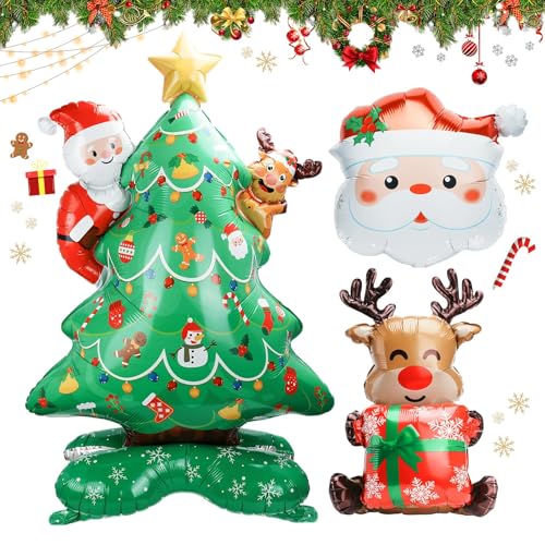Chisafly クリスマス バルーン クリスマスパーティー 飾り 風船 自立 3点セット 高さ約154p おしゃれ 赤 大きい アルミ パーティーグッズ デコレーション クリスマスツリー サンタ 雪だるま トナカイ 玄関 店頭 写真道具