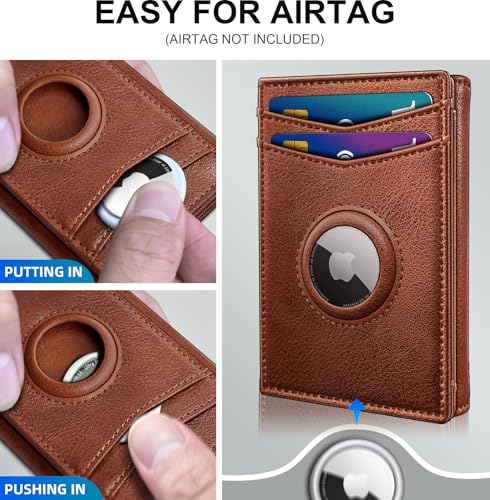 Airtag Wallet for Men,with Cash Pocket 2 ID Window 14-16 Cards Magnetic Closure Slim Trifold Leather Wallet 4.0"x3.1", RFID Blocking Front Pocket Wallet with Gift Box3