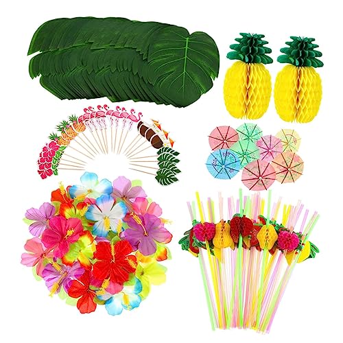 KOMBIUDA 188pcs 1 Set Hibiscus Plant Decorations Cake Decorations Luau Party Decoration Dinner Table Decor Hawaiian Decor Dining Table Decor Cocktail Banquet Honeycomb Ball