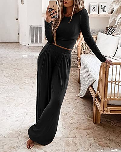 Image of BTFBM Women's Two Piece Lounge Set Long Sleeve Bodycon Ribbed Knit Crop Top Loose Wide Leg Pant Casual Outfits Sweatsuit