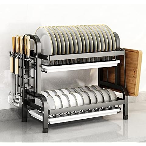 MOUFIER 2 Tier Dish Drying Rack, Dish Drainer Rack with Drip Tray & Utensil Holder, Kitchen Utensil Cutting Board Holder (Black) Cover