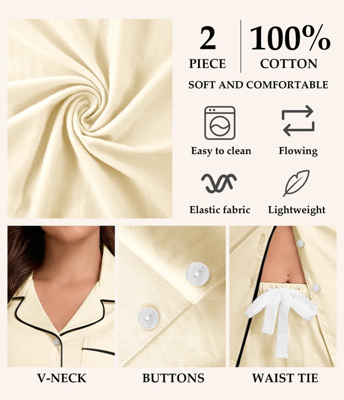 Image of CF 100% Cotton Pajamas for Women Set 2 Piece Short Sleeve Tops and Long Pants Comfy Well-Fitted Loungewear Set Pj Sets