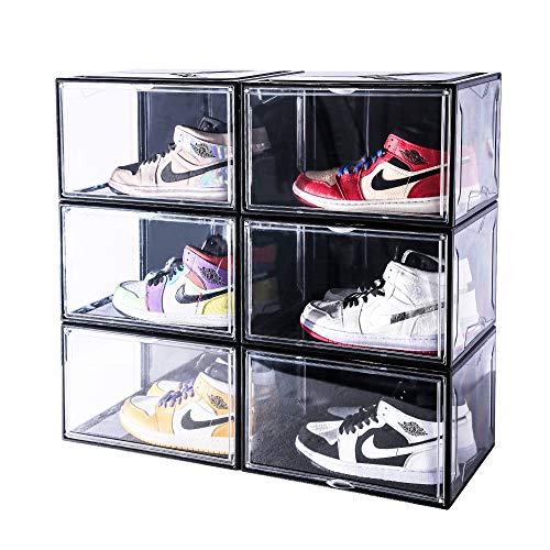 AltraTech Shoe Organizer 6 Pack L14.2" x W11" x H8.7" Drop-Front Shoe Box Super Large Size Shoe Organizer Stackable for Shoe Collection Display, Wide, Black