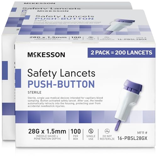 McKesson Lancets for Diabetes Testing [200 Count] Lancing Device for Blood and Glucose Test, 28G x 1.5 mm, Push Button Activation, Sterile, Single Use