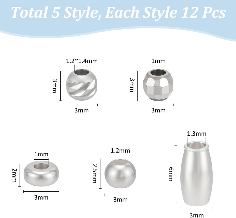 WADORN 5 Styles 925 Sterling Silver Beads, 60Pcs Flat Round Rondelle Bracelet Spacer Beads Silver Loose Beads Beading Supplies for DIY Crafts Ring Necklace Earring Bracelets Jewelry Making - Image 2