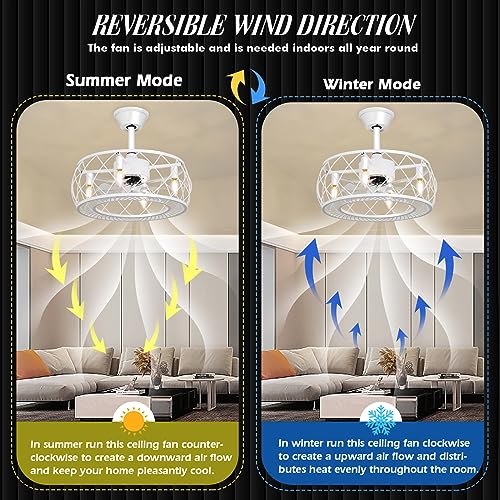 Caged Ceiling Fan With Light And Remote Control, 20" Enclosed Ceiling Fan White, 6-Speed Reversible Motor, Fandelier Ceiling Fan 2In1 Low Profile Ceiling Fan Light Fixtures #TOP1