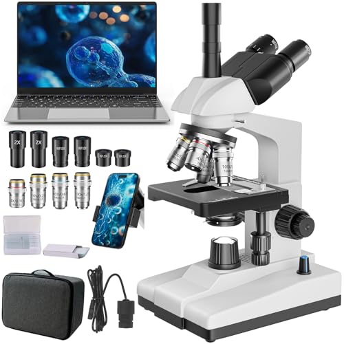 CokiOptico Professional Trinocular Microscope 40X-5000X Magnification, Microscope for Adults, Laboratory Grade with Dual Mechanical Stage and HD USB Camera Microscopio, Complete Slides Set