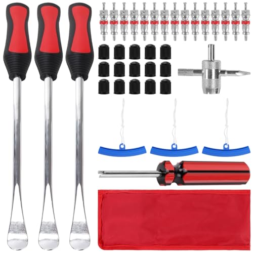 SINJEUN Juego de herramientas para montaje de neumáticos, 39 unidades, color negro y rojo, con 3 palancas de montaje, 15 tapas de válvula y fundas protectoras, elevador de neumáticos para moto