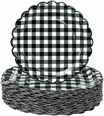 HEIPINIUYE 50 Pieces Black Gingham Paper Plates 7 Inch Black and ...