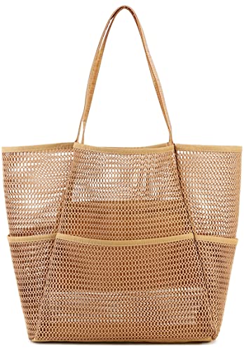 Tibroni Grand sac de Plage Pliable en Maille, Sac Fourre-Tout de Plage 2023 Mise à Niveau pour Femme avec Plusieurs Poches e Poches Intérieures Zippées, pour Voyage Pique-Nique Famille Plage Cover