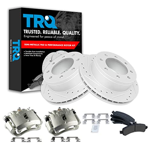 Image of TRQ Performance Rear Brake Calipers Semi-Metallic Pads & Drilled Rotors Compatible with GMC Savana 2500