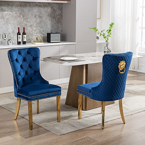 Goolon Dining Chair Set Of 2 Velvet Tufted Chair For Dining Room Golden Lion Pull Ring With Rivet Trim Button Upholstered Dining Room Chair Golden Stainless Legs For Dining Room Kitchen Blue #TOP1
