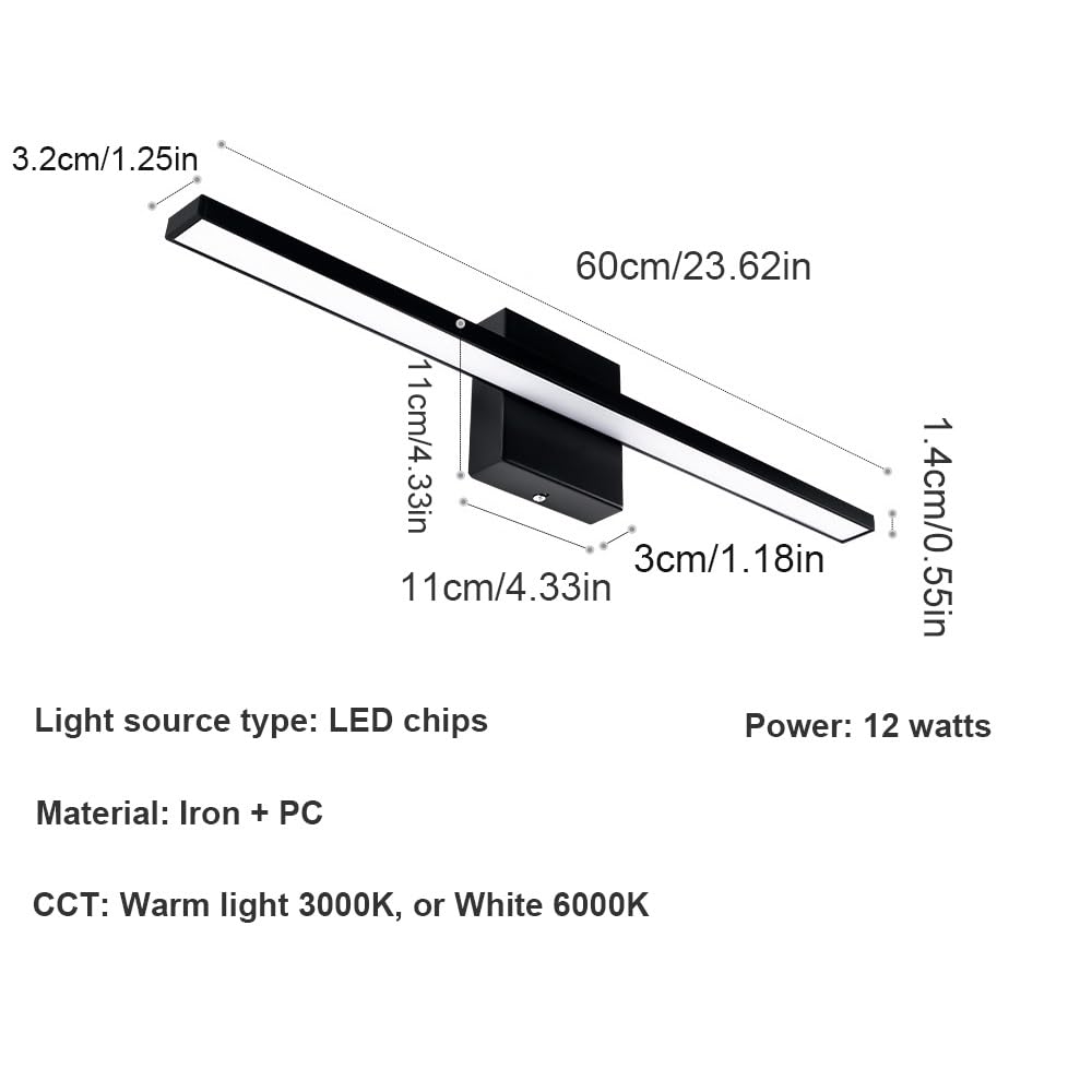 Lampada Specchio Bagno Nero LED Lineare, Applique Bagno Slim Piatta Luce per Specchio Design Minimalista Rasatura Trucco(White,60cm/23.62in)