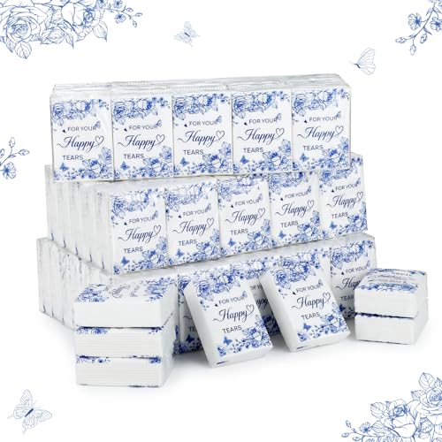 NatNarr 100 Pcs Blue Flower Happy Tears Tissue 3 Ply Wedding Tissues Guests Pocket Paper Mini Travel Facial Tissue Welcome Bag Stuffers for Party Favor Graduation
