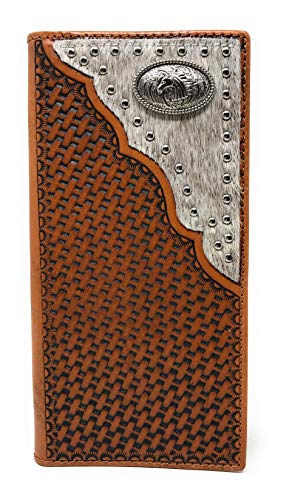 Western Genuine Leather Cowhide Cow fur Basketweave Horse Men's Long Bifold Wallet in 3 colors (Brown) (Brown)