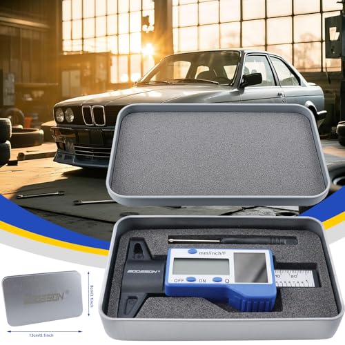 Image of GODESON Digital Tire Tread Depth Gauge - 3 Modes-Fraction /Inch /MM Display, Solar & Battery Hybrid,1 inch (25.4mm /32NDS) Range, Blue Tire Wear Measure Tool for All Vehicles (Car, Truck, SUV)