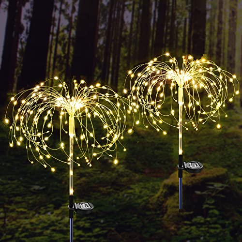 ZVO Luz Solar Fuegos Artificiales, 2pcs 120 LED Luces Solares al Aire Libre, 2 Modos Lámparas Solares Impermeable Decoración Solar Exterior para Camino de Jardin Patio Balcón (Blanco cálido)
