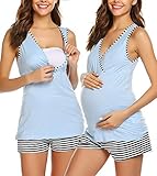 UNibelle Damen Stillpyjama Kurz Hausanzug für Schwangerschaft Schlafanzug mit Stillfunktion Nachtwäsche Entbindung, Azurblau, L