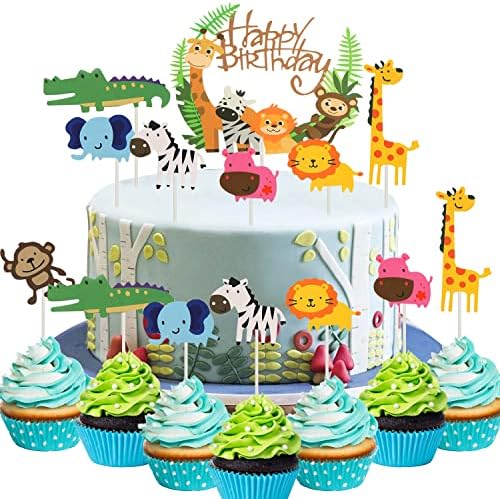 FOIMAS 36pcs Safari Animal Cake Toppers,Jungle Animal Birthday Cupcake Topper Banner for Kids Birthday Party Baby Shower Decoration Supply