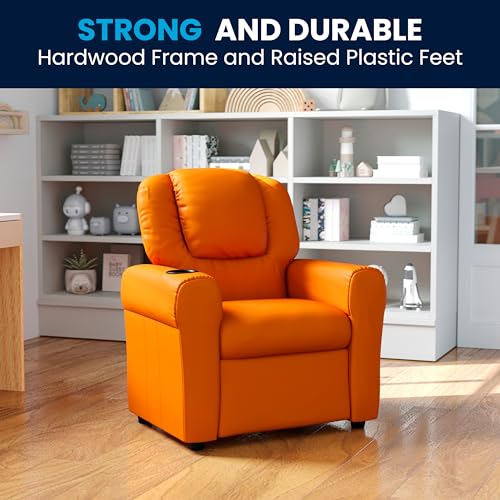 Image of Flash Furniture Vana Vinyl Kids Recliner with Cup Holder, Headrest, and Safety Recline, Contemporary Reclining Chair for Kids, Supports up to 90 lbs., Orange