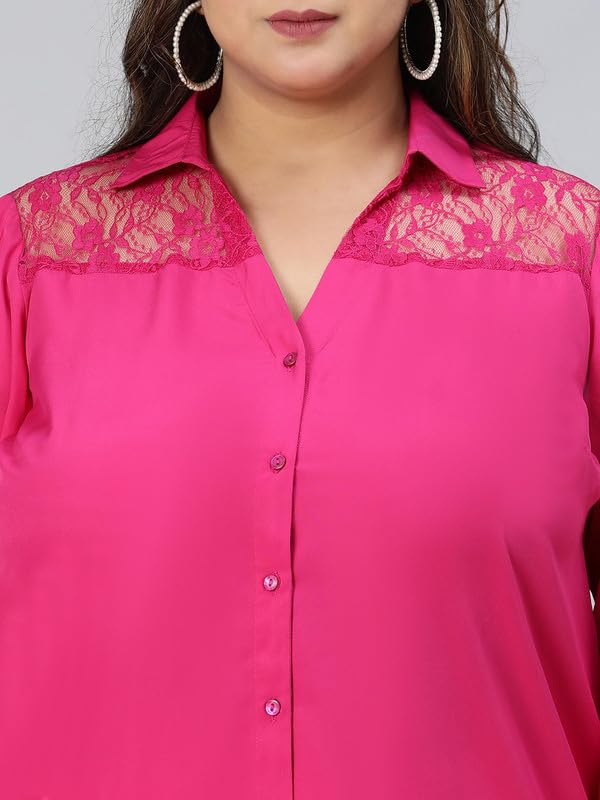 Image of oxolloxo Women Plus Size lace Detailed Collared Long Sleeve Shirt