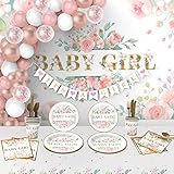 Baby Shower Decorations for Girl，242 PCS of Floral Girl Baby Shower Decorations Party Supplies with Background,Disposable Tableware（25 guests),'It's A Girl' Banner, Balloons Wreath and Tablecloth