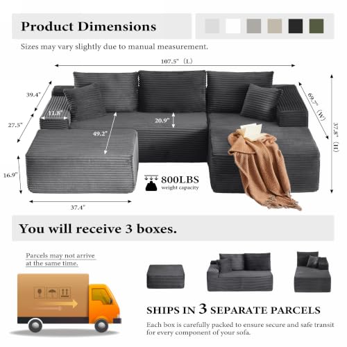Image of 96 inch Sectional Couches for Living Room Cloud Couch Sofa with L-Shape Upholstered Boneless Couchs Modern Modular Sectional Couch with Chaise (Dark Grey, 108.1 inch U Shape with Right Facing Chaise)