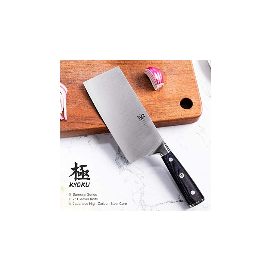 KYOKU Samurai Series - 7" Cleaver Knife - Full Tang - Japanese High Carbon Steel Kitchen Knives - Pakkawood Handle with Mosaic Pin - with Sheath & Case