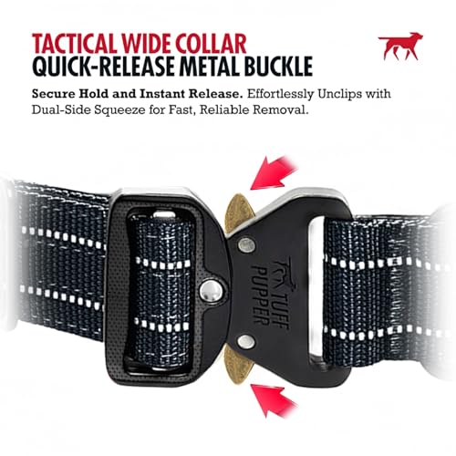 Image of Tuff Pupper Tactical Dog Collar | Heavy Duty 1.5 inch Wide Ballistic Nylon | Training Control Handle | Quick-Release Metal Buckle | Reflective Bands | ID Tag Holder | Padded Inner Lining (Black, Large)