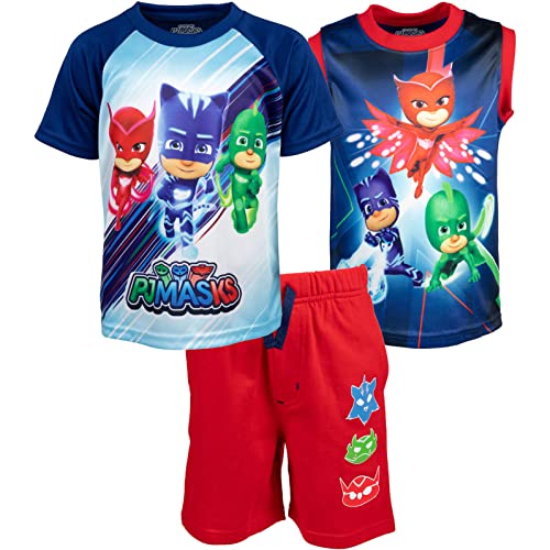 PJ Masks Catboy Owlette Gekko Toddler Boys T-Shirt Tank Top and French Terry Shorts 3 Piece Outfit Set Multicolor 2T