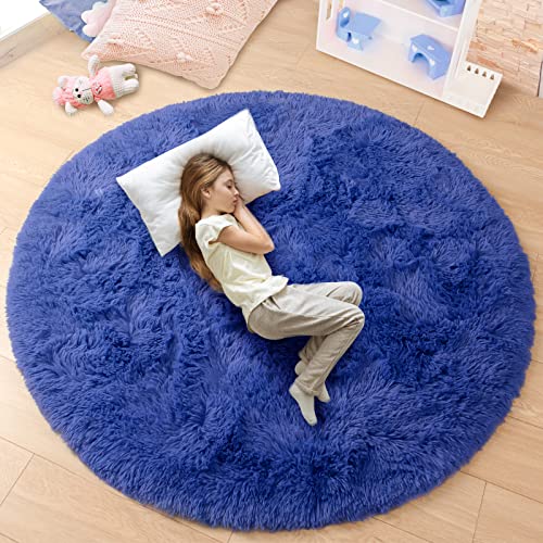 junovo Rug 4x4 Feet, Light Navy, Fluffy Soft Area Rugs for Kids Girls Room Princess Castle Plush Shaggy Carpet, Circular Home Decor