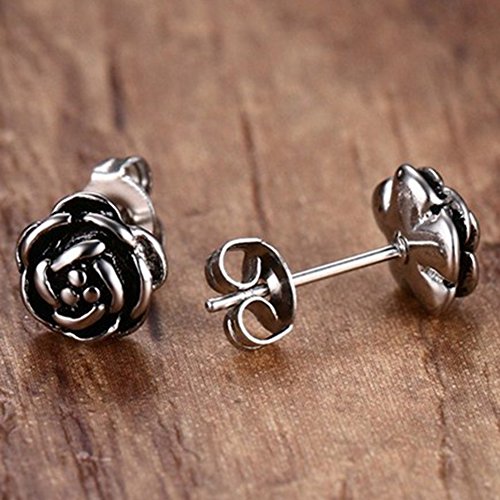 Retro Vintage Stainless Steel Rose Flower Cocktail Party Stud Earrings (Silver Black)4