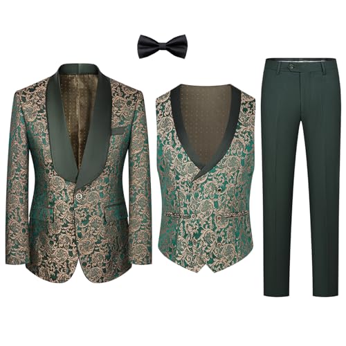 UNINUKOO Men’s Suit Dress Tuxedo 3 Piece Slim Fit Floral Wedding Party Print Lightweight Blazer Vest and Pants Set US Size M Green3