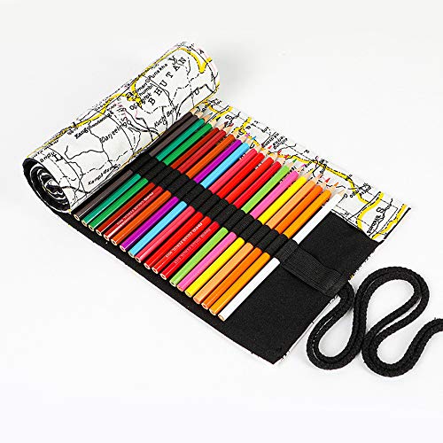 Image of Funny live 24 /36 /48 /72 Slots Colored Pencil Wrap Roll up Pen Holder Case Drawing Coloring Pencil Roll Organizer Stationery Case for Student Artist Traveler (Map, 24 Slots)