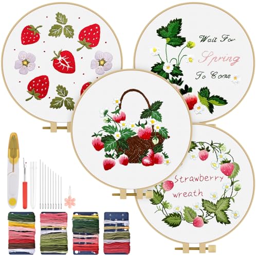 Image of TINDTOP Embroidery Kit for Adult, 4 Pack Cross Stitch Practice Kits | for Beginners Include Embroidery Cloth Hoops Threads for Craft Lover Hand Stitch with Embroidery Skill Techniques