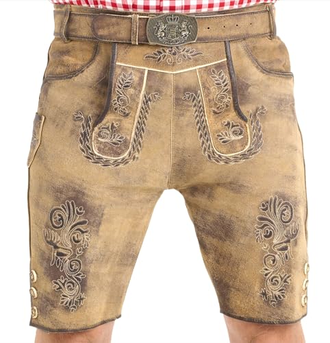SYMPHONIE WESTERWALD Bayerische Herren Trachten Lederhose mit Trachtengürtel + Hosenträger, speckig, antik Look, Antikbraungrau, Gr. 46