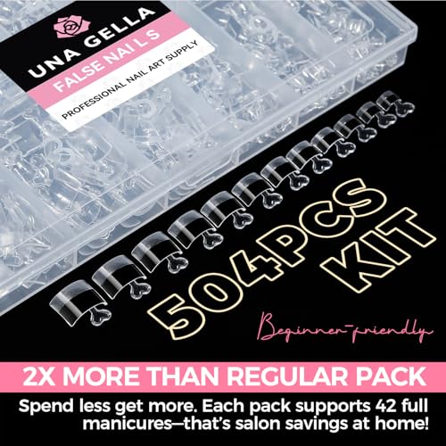 Image of UNA GELLA Short Square Gel Nail Tips Half Cover 504PCS Pre-buff Acrylic Nail Tips Square Clear False Fake Nails No C Curve DIY French Style Nail Extentions Art Salon 12 Sizes