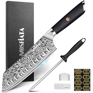 MOSFiATA Damast Santokumesser Scharf 7 Zoll, Küchenmesser Damastmesser Japanisches Messer Chef Knife, mit Fingerschutz Messerschärfer, Als Geschenk