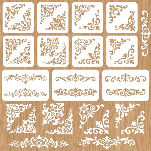 INFUNLY Lot de 11 pochoirs muraux réutilisables pour peinture baroque, bordure florale, décoration d'intérieur