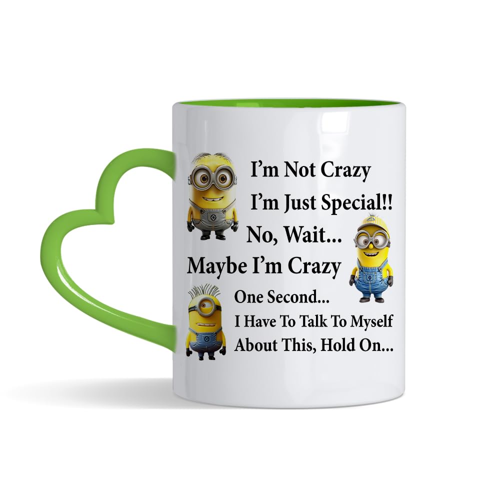 Crunchy Carrots I'm Not Crazy I'm Just Special 11 oz Coloured Heart Handle Ceramic Coffee Mug. (Green Heart Handle)