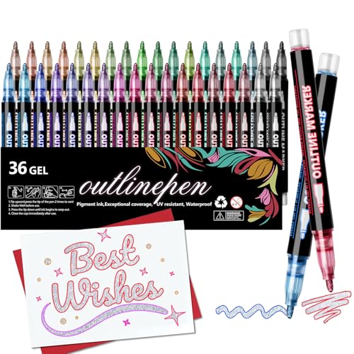 36 Colors Glitter Markers Outline Glitter Pens Shimmer Metallic Markers for Painting Coloring Waterproof Glitter Gel Pens for Art Supplies Arts and Crafts for Gift Kids Journaling Writing Card Making