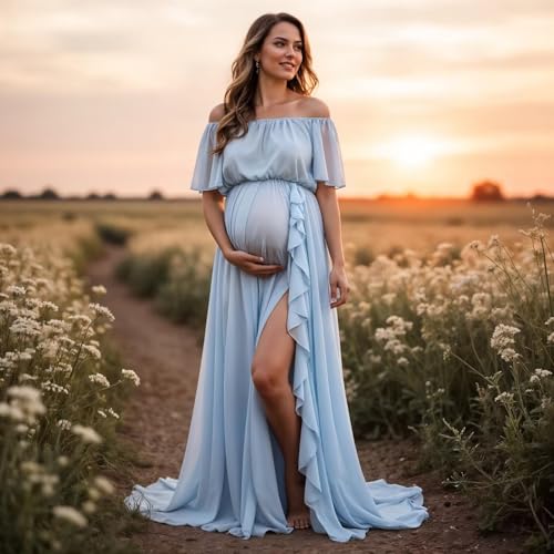 Off Shoulder Maternity Dress for Photoshoot Ruffle Slit Baby Shower Dresses Chiffon Photography Gowns2