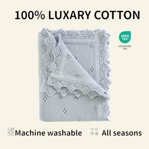Image of mimixiong Cotton Baby Blanket Knitted Crochet Receiving Crib | Nursery Swaddling Blankets for Newborn Baby Boy Girl LightBlue 30x40 Inch