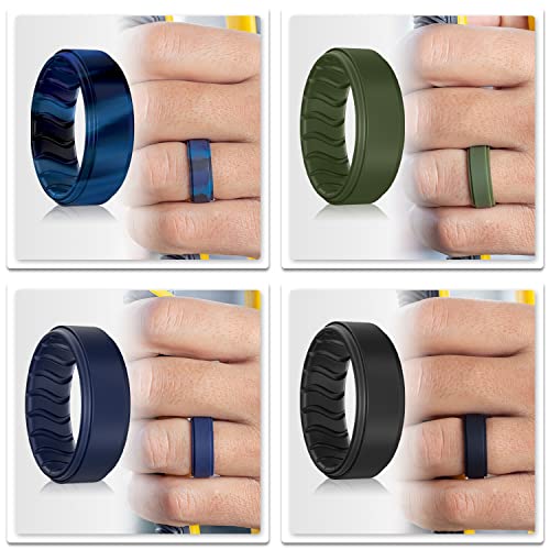 Silicone Ring, Men's Band, Black, Blue, Breathable Wave Design4