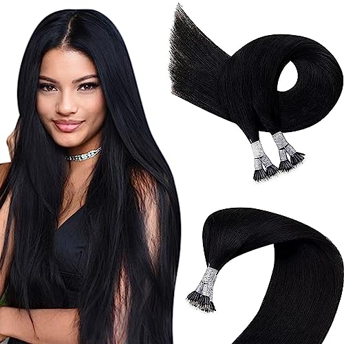 Easyouth Nano Ring Hair Extensions Jet Black Nano loop Hair Extension Real Human Hair Cold Fusion Nanobeads Hair Extensions for Women 16 Inch 50g/50s #1