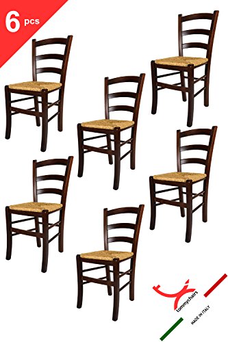 Tommychairs sillas de Design - Set de 6 Sillas Venezia de Cocina, Comedor, Bar y Restaurante, con Estructura en Madera Color Nuez, con Asiento en Paja