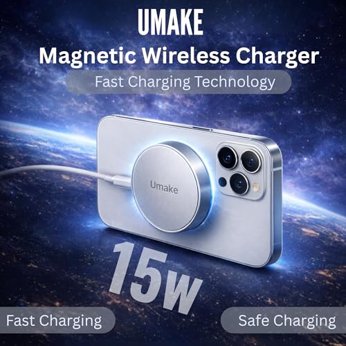 Image of Umake 15W Magnetic Wireless Charger, Fast Charging Pad, Slim & Portable, Safe Charging, Non-Slip Base, Compatible with iPhone 16 /15 /14 Series & Android Devices